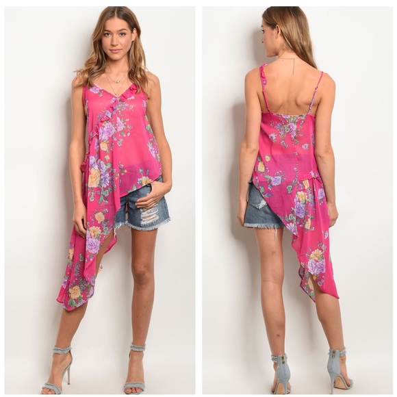 FUSHIA PINK HIGH LOW FLORAL TOP - Picture 1 of 1